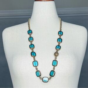 LAURA CONRAD Necklace Blue Translucent Stone with Muted Gold and Brass Tone